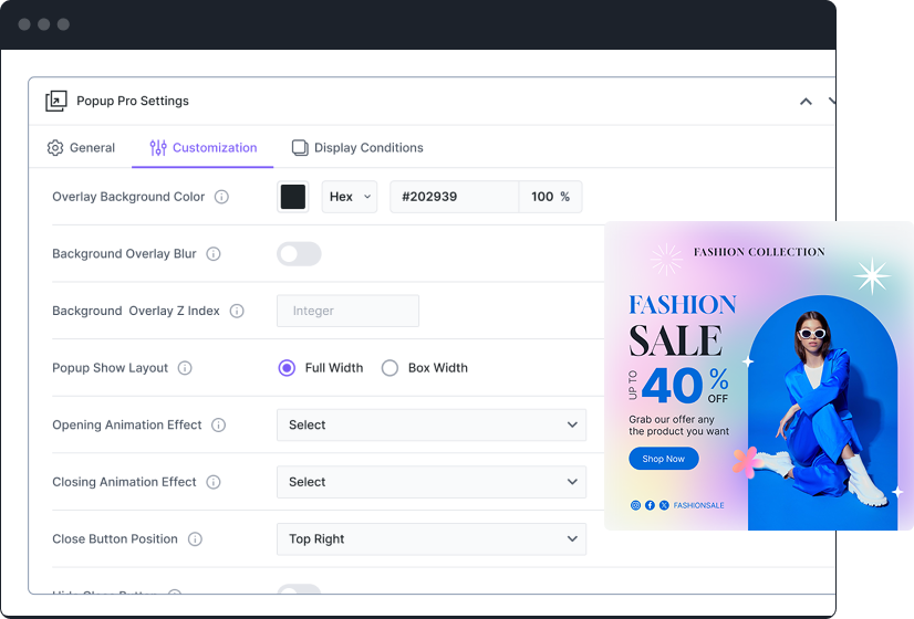 Customization Settings pop up diviessential layout design